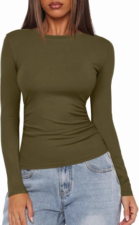 Darong Women's Long Sleeve Crew Neck Shirts Fall Basic Casual Ruched Side Slim Fit T Shirts Tee Tops