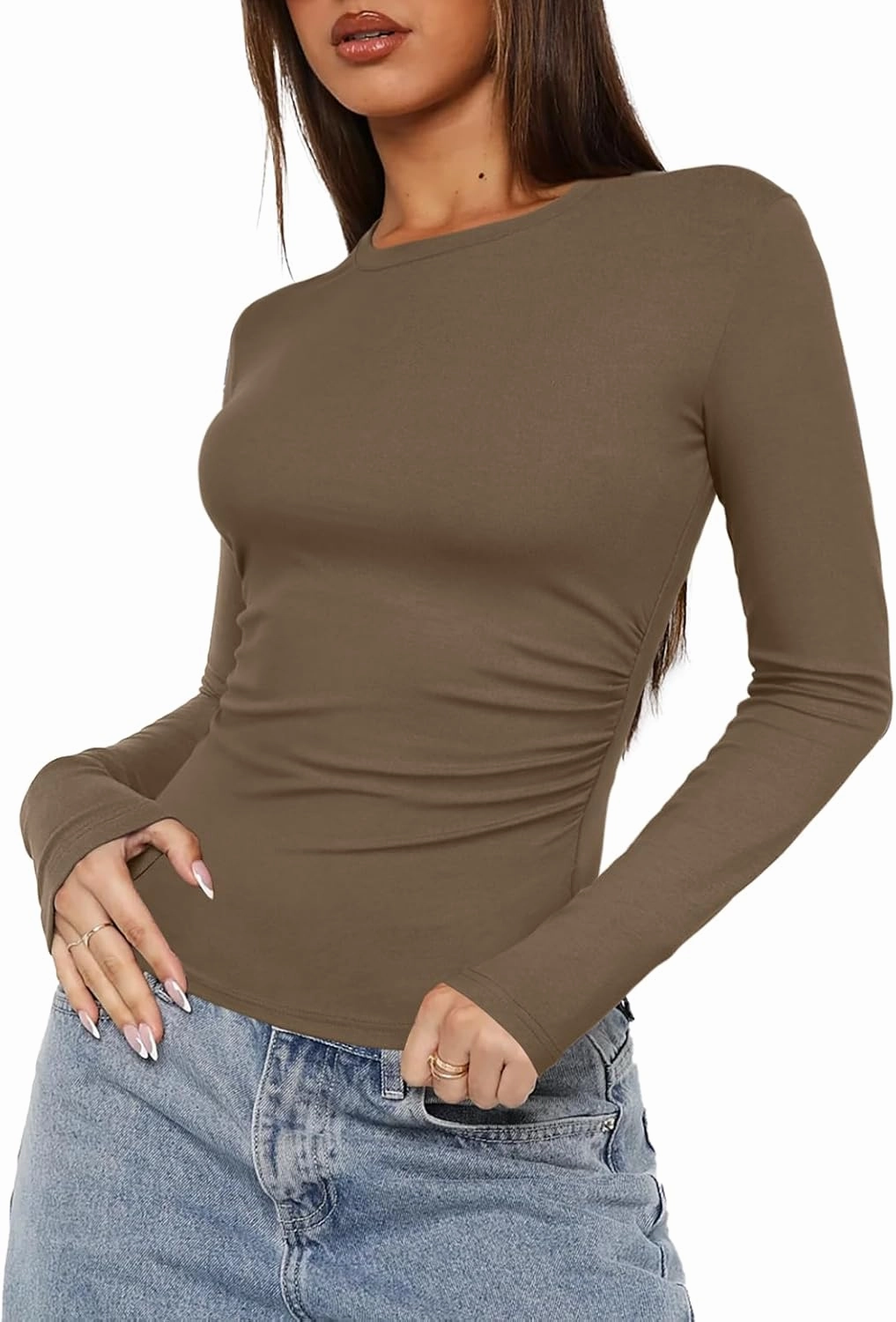 Darong Women's Long Sleeve Crew Neck Shirts Fall Basic Casual Ruched Side Slim Fit T Shirts Tee Tops