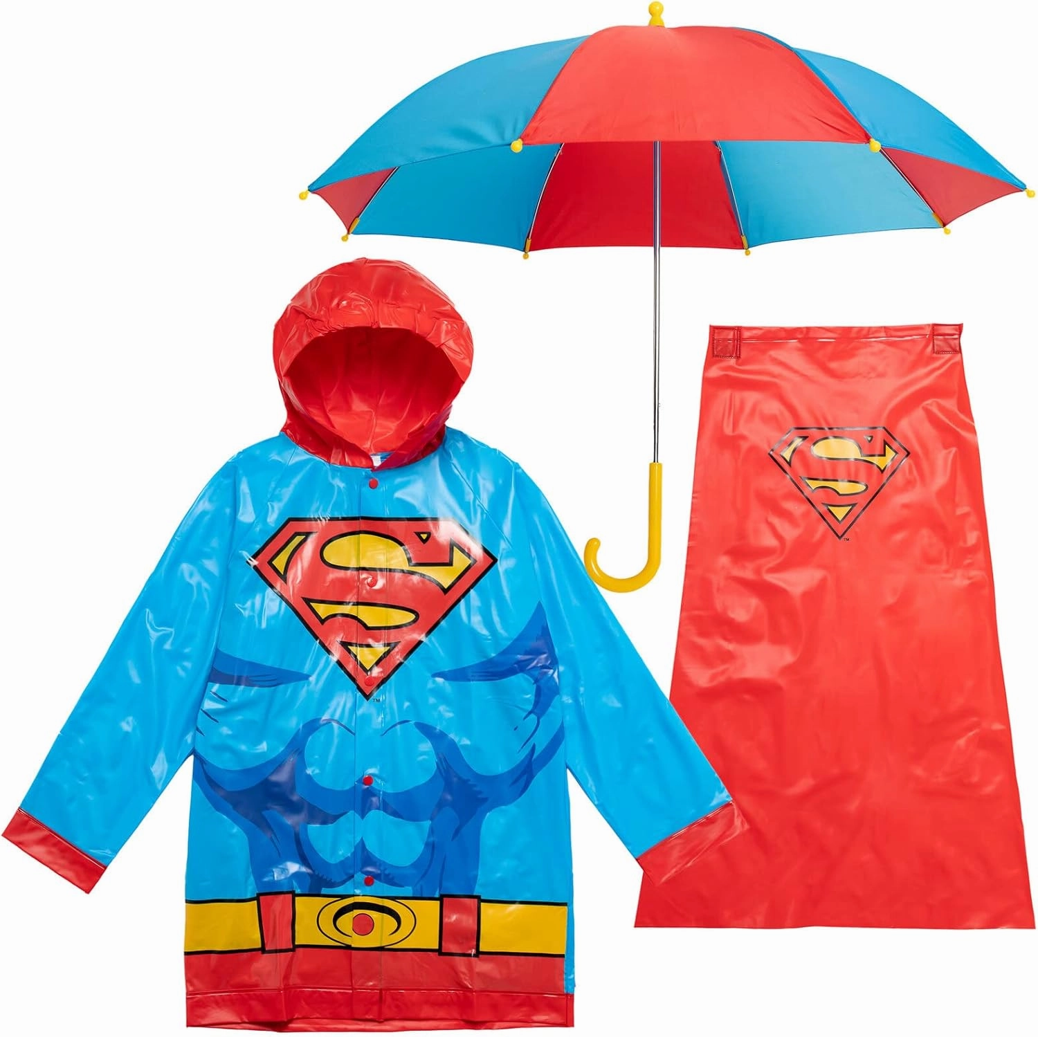 DC Comics Justice League Superman Batman Waterproof Rain Jacket Cape and Umbrella 3 Piece Set Toddler to Little Kid