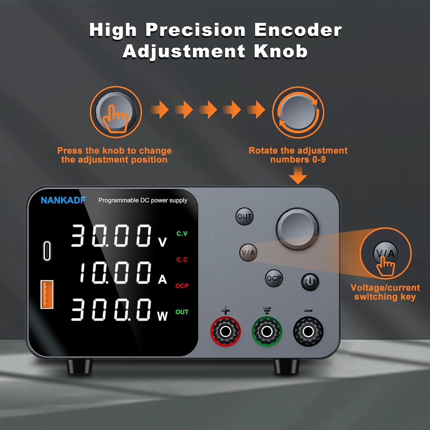 DC Power Supply, 30V 10A Bench Power Supply with Encoder Adjustment, 5V/3.6A USB&Type-C Quick-Charge, Variable Power Supplies with Output Enable/Disable Button, Short Circuit Alarm (0-30V 0-10A)