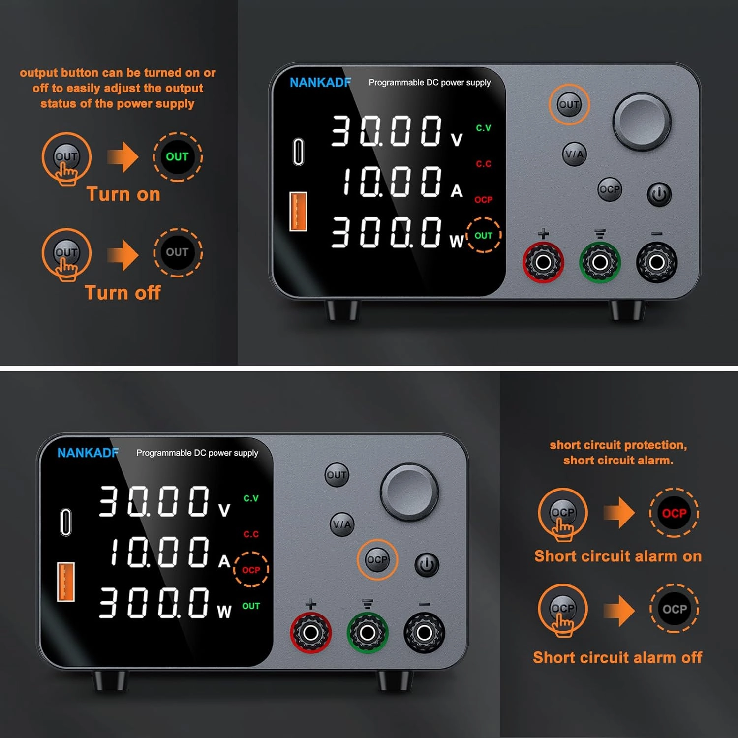DC Power Supply, 30V 10A Bench Power Supply with Encoder Adjustment, 5V/3.6A USB&Type-C Quick-Charge, Variable Power Supplies with Output Enable/Disable Button, Short Circuit Alarm (0-30V 0-10A)