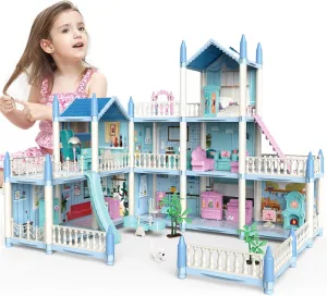 deAO Dollhouse for Girls - 3 Story 11 Rooms DIY Building Pretend Play House with Accessories Furnitures with Outdoor Space Open Sided Princess Castle Playset for Girls Kids
