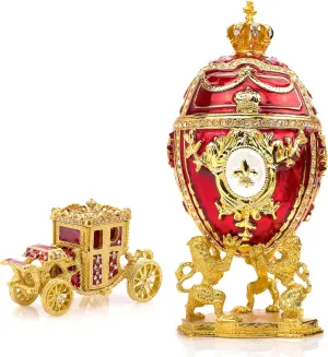 Decorative Russian Easter Egg Replica Extra Large 6.6 inch Hand Painted Jewelry Trinket Box for The Ultimate Home Decor Comes with Gift Vintage Carriage (Red2)