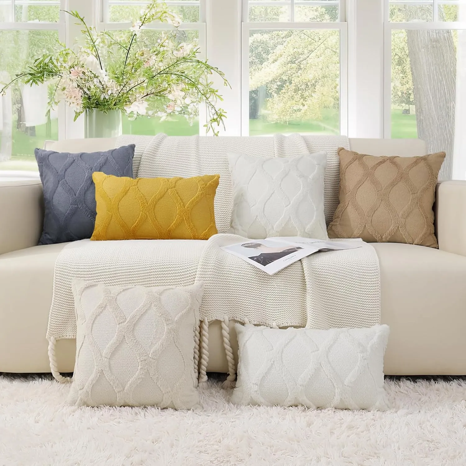 decorUhome Throw Pillow Covers 20x20 Inch Set of 2, Soft Plush Faux Fur Wool Blue Grey Couch Pillow Covers, Decorative Neutral Pillow Cases for Bed Sofa Living Room Home Decor