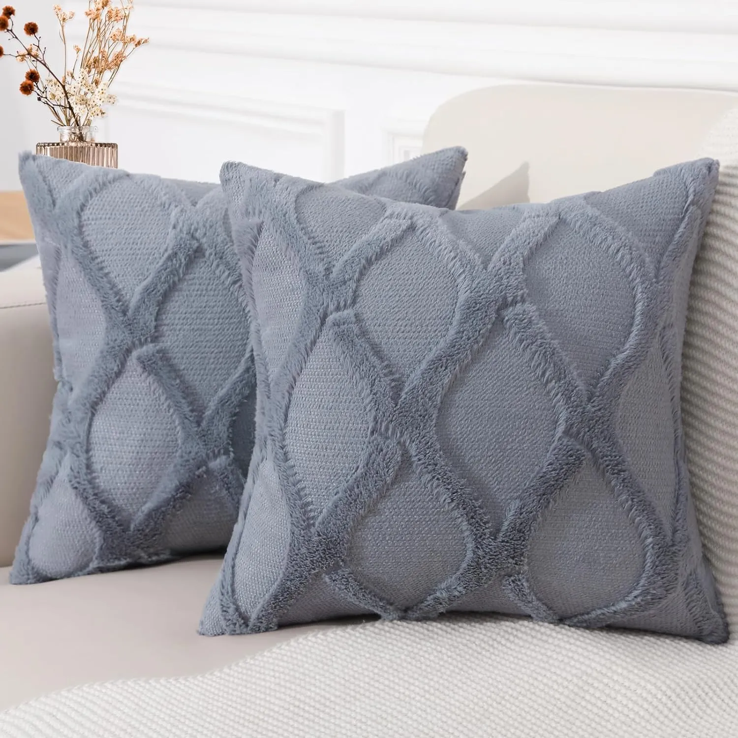 decorUhome Throw Pillow Covers 20x20 Inch Set of 2, Soft Plush Faux Fur Wool Blue Grey Couch Pillow Covers, Decorative Neutral Pillow Cases for Bed Sofa Living Room Home Decor