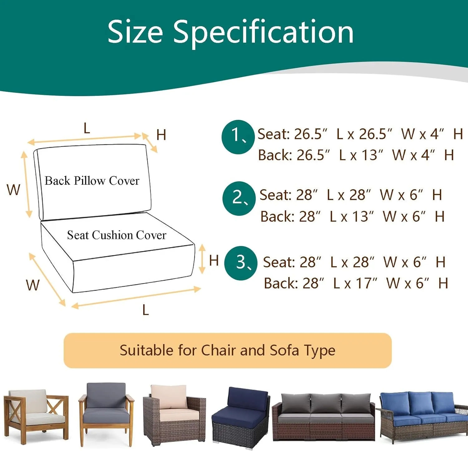 Deep Seating Patio Cushion Set Covers Replacement, Durable Outdoor Cushions Cover, 4Pcs Patio Furniture Cushions Slipcovers with Zipper, 28x28x6, 28x13x6, Tan