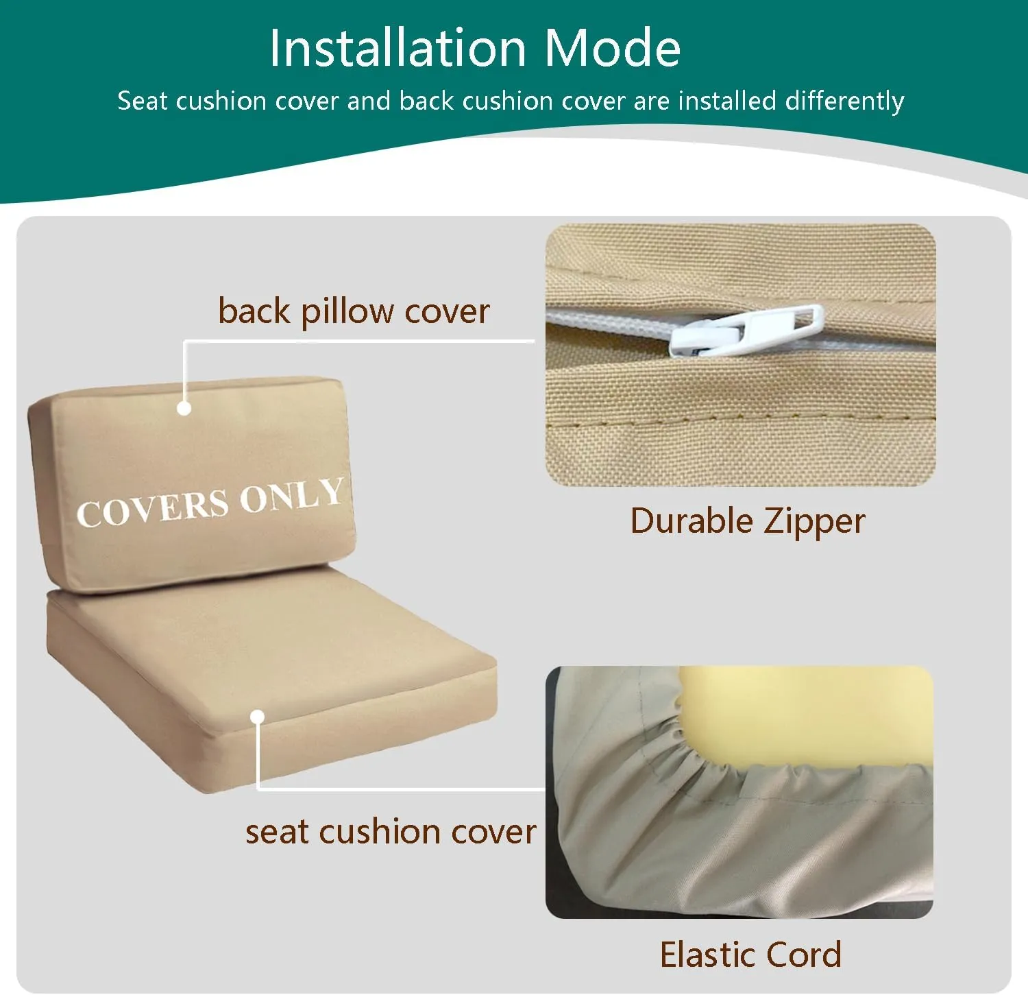 Deep Seating Patio Cushion Set Covers Replacement, Durable Outdoor Cushions Cover, 4Pcs Patio Furniture Cushions Slipcovers with Zipper, 28x28x6, 28x13x6, Tan