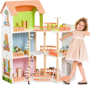 Deluxe Wooden Doll House, Modern Dollhouse with 26Pcs Furniture and Spiral Staircase, Wooden Dollhouse with Folded Corner Design, Ideal Gift for Kids Ages 3 