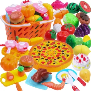 DigHeath Pretend Play Food Set,Kitchen Cutting Toys,BPA Free Plastic Fruits & Vegetables for Kids with Realistic Basket,Knife and Chopping Board,Best Children Educational Play Set