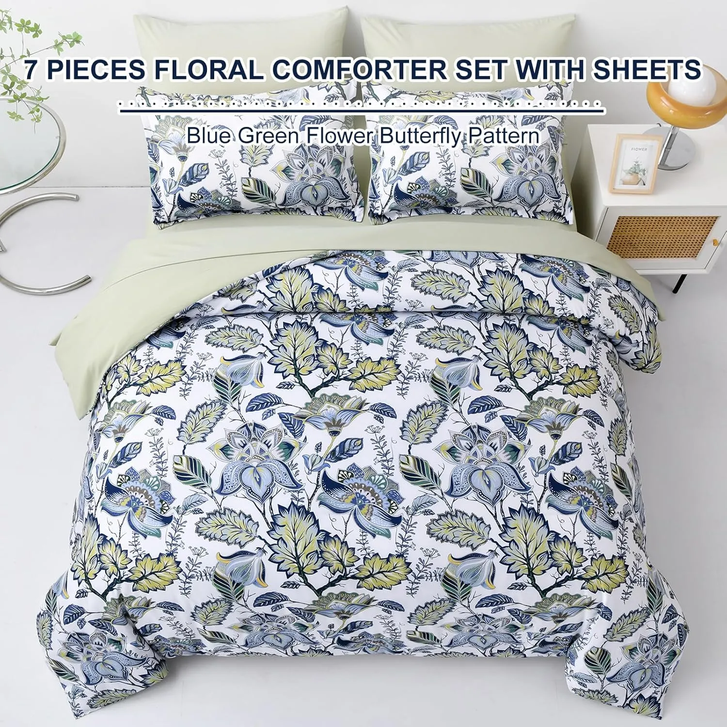 Dinjoy Floral Comforter Set Queen Size 7 Pieces Bed in A Bag Blue Green Botanical Leaves Branch Butterfly Bedding Set (1 Comforter, 1 Flat Sheet, 1 Fitted Sheet,Pillowcases & Pillow Shams)