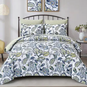 Dinjoy Floral Comforter Set Queen Size 7 Pieces Bed in A Bag Blue Green Botanical Leaves Branch Butterfly Bedding Set (1 Comforter, 1 Flat Sheet, 1 Fitted Sheet,Pillowcases & Pillow Shams)