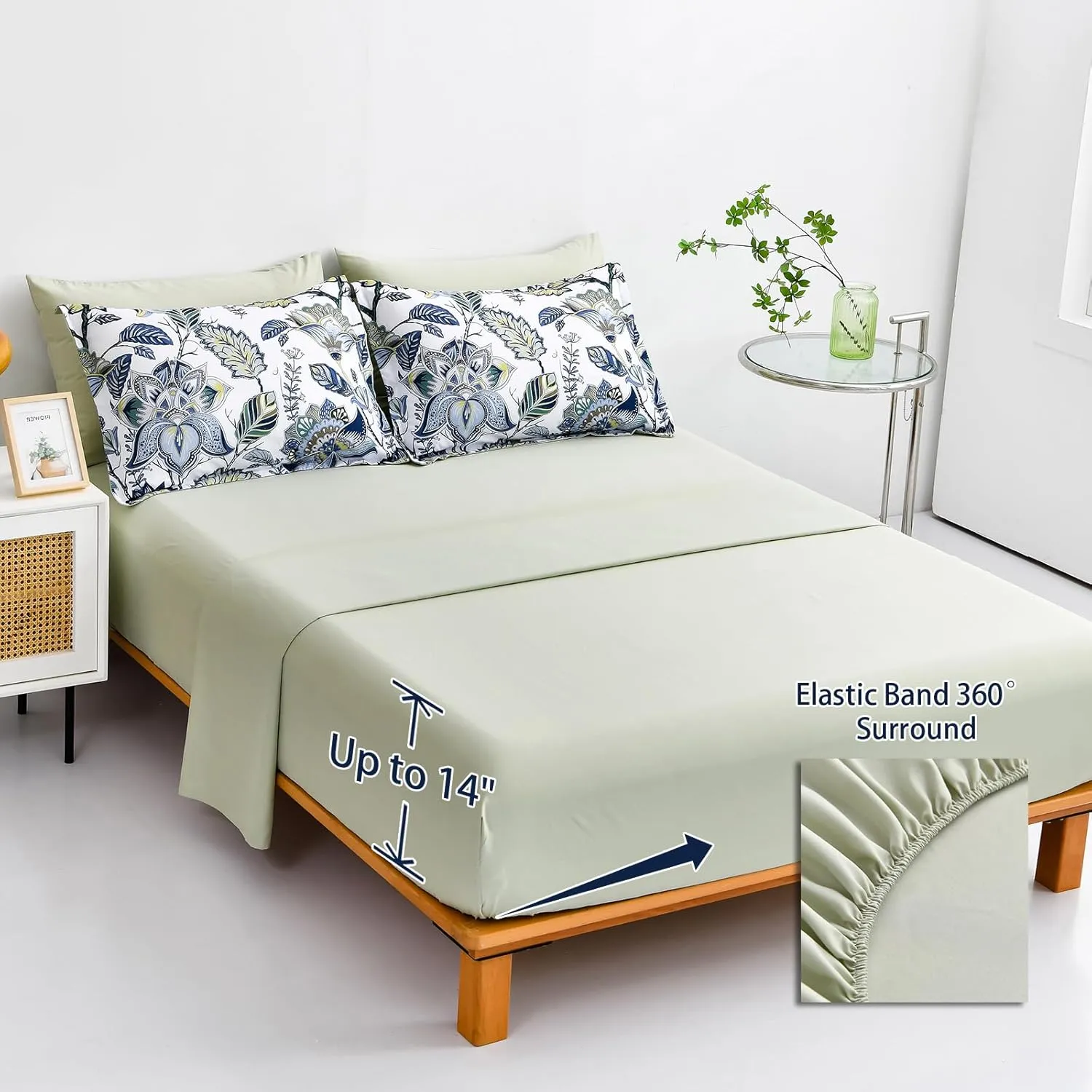 Dinjoy Floral Comforter Set Queen Size 7 Pieces Bed in A Bag Blue Green Botanical Leaves Branch Butterfly Bedding Set (1 Comforter, 1 Flat Sheet, 1 Fitted Sheet,Pillowcases & Pillow Shams)