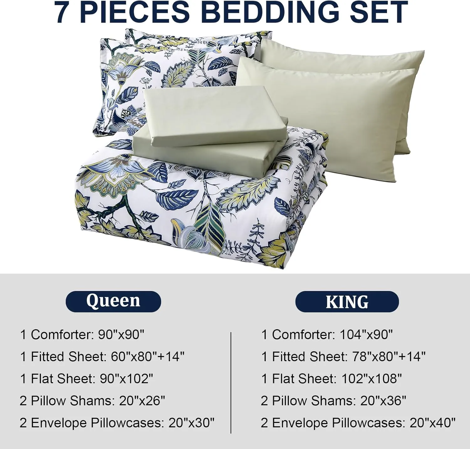 Dinjoy Floral Comforter Set Queen Size 7 Pieces Bed in A Bag Blue Green Botanical Leaves Branch Butterfly Bedding Set (1 Comforter, 1 Flat Sheet, 1 Fitted Sheet,Pillowcases & Pillow Shams)
