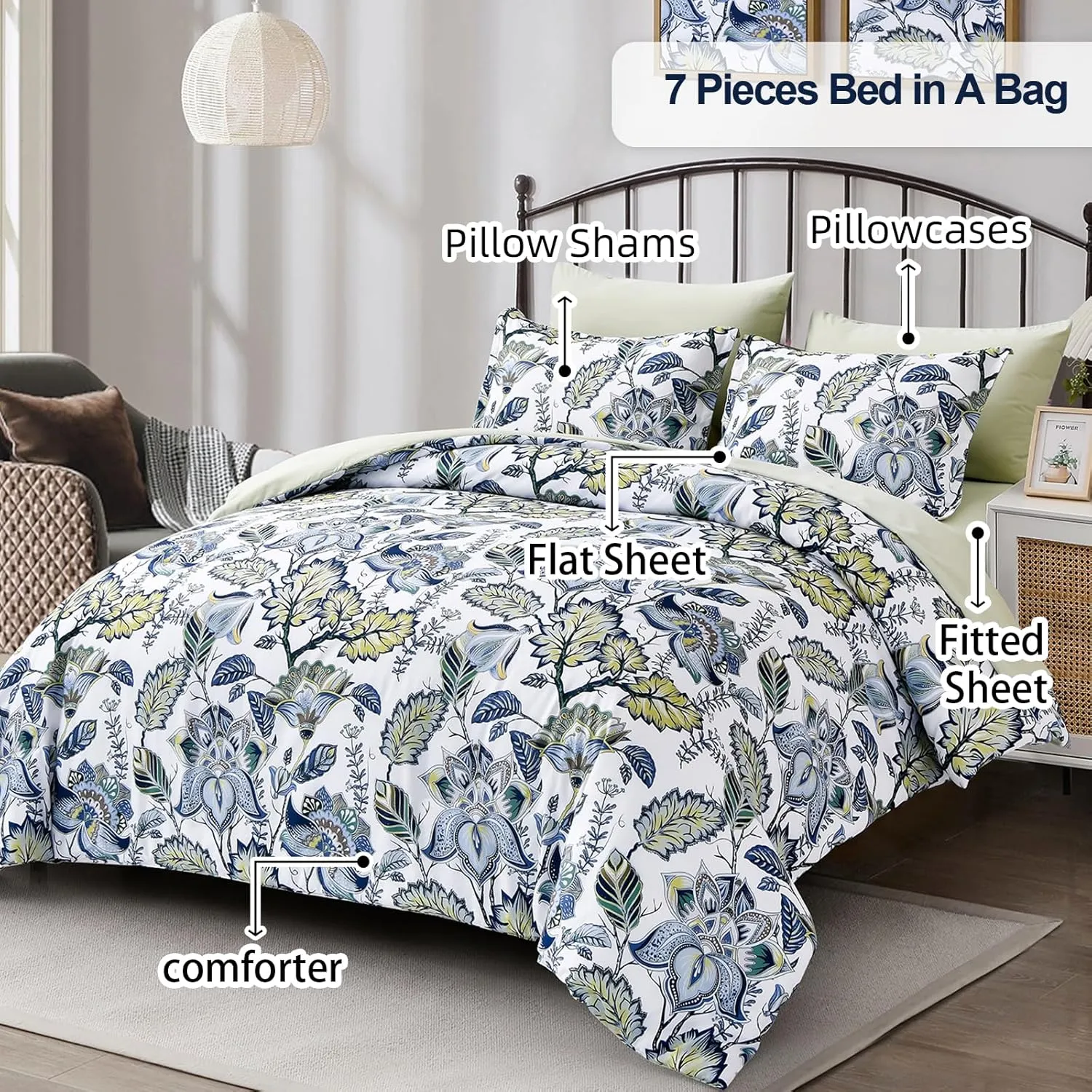 Dinjoy Floral Comforter Set Queen Size 7 Pieces Bed in A Bag Blue Green Botanical Leaves Branch Butterfly Bedding Set (1 Comforter, 1 Flat Sheet, 1 Fitted Sheet,Pillowcases & Pillow Shams)