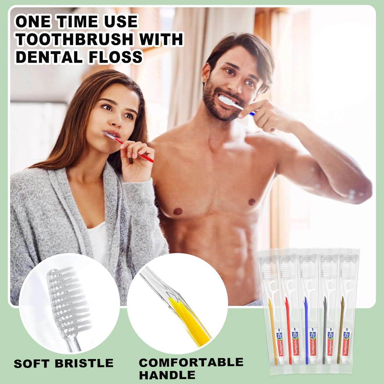 Disposable Toothbrushes with Toothpaste and Floss,50 Pack Brown 3-in-1 Individually Wrapped Bulk Disposable Travel Toothbrushes and Dental Floss Kit for Homeless,Airbnb,Dentist,Guests