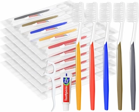 Disposable Toothbrushes with Toothpaste and Floss,50 Pack Brown 3-in-1 Individually Wrapped Bulk Disposable Travel Toothbrushes and Dental Floss Kit for Homeless,Airbnb,Dentist,Guests