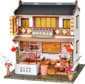 DIY Dollhouse Miniature Kit with Furniture,3D Chinese Style Cottage Wooden Miniature Dolls House Kit Hand Craft Children Puzzle Toy (Chaozhou Beef Hotpot)
