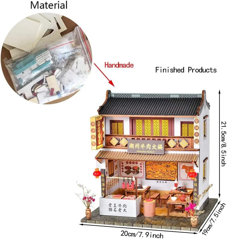 DIY Dollhouse Miniature Kit with Furniture,3D Chinese Style Cottage Wooden Miniature Dolls House Kit Hand Craft Children Puzzle Toy (Chaozhou Beef Hotpot)