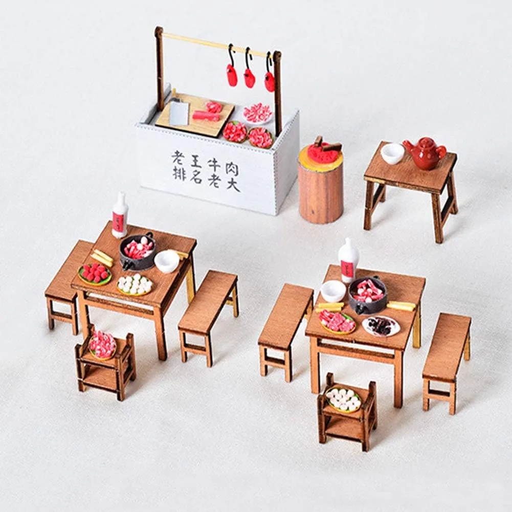 DIY Dollhouse Miniature Kit with Furniture,3D Chinese Style Cottage Wooden Miniature Dolls House Kit Hand Craft Children Puzzle Toy (Chaozhou Beef Hotpot)