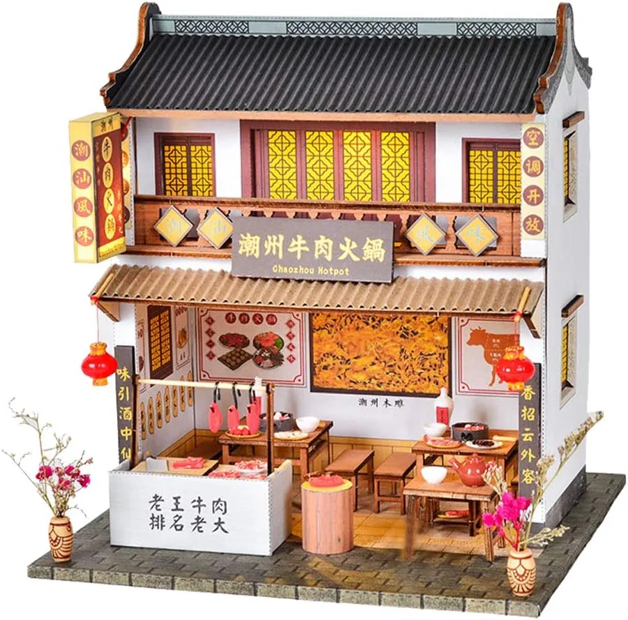 DIY Dollhouse Miniature Kit with Furniture,3D Chinese Style Cottage Wooden Miniature Dolls House Kit Hand Craft Children Puzzle Toy (Chaozhou Beef Hotpot)