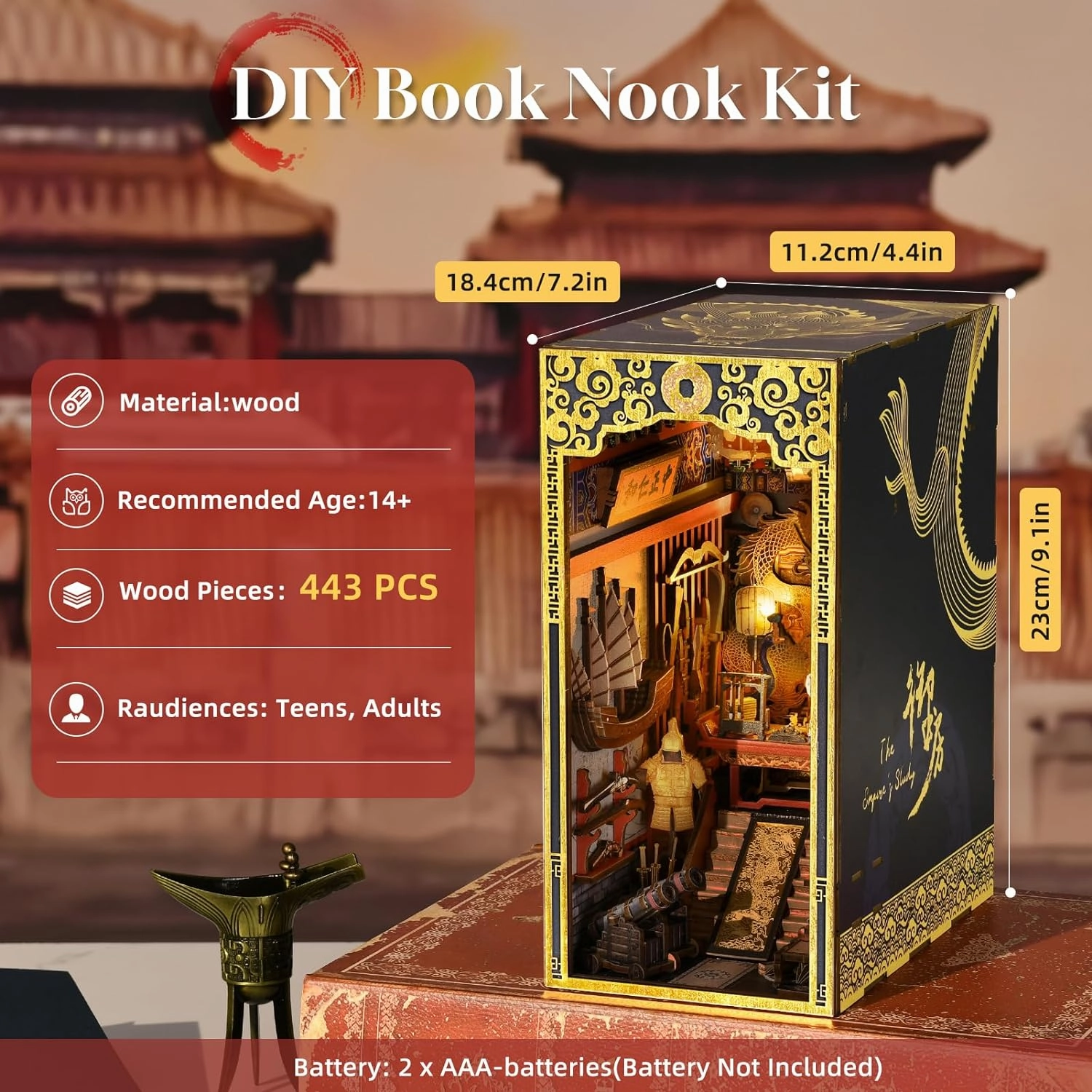 DIY Book Nook Kit, DIY Miniature Dollhouse Booknook Kit, 3D Wooden Puzzle Bookend Bookshelf Insert Decor with LED Light for Teens and Adults (The Emperor’s Study)