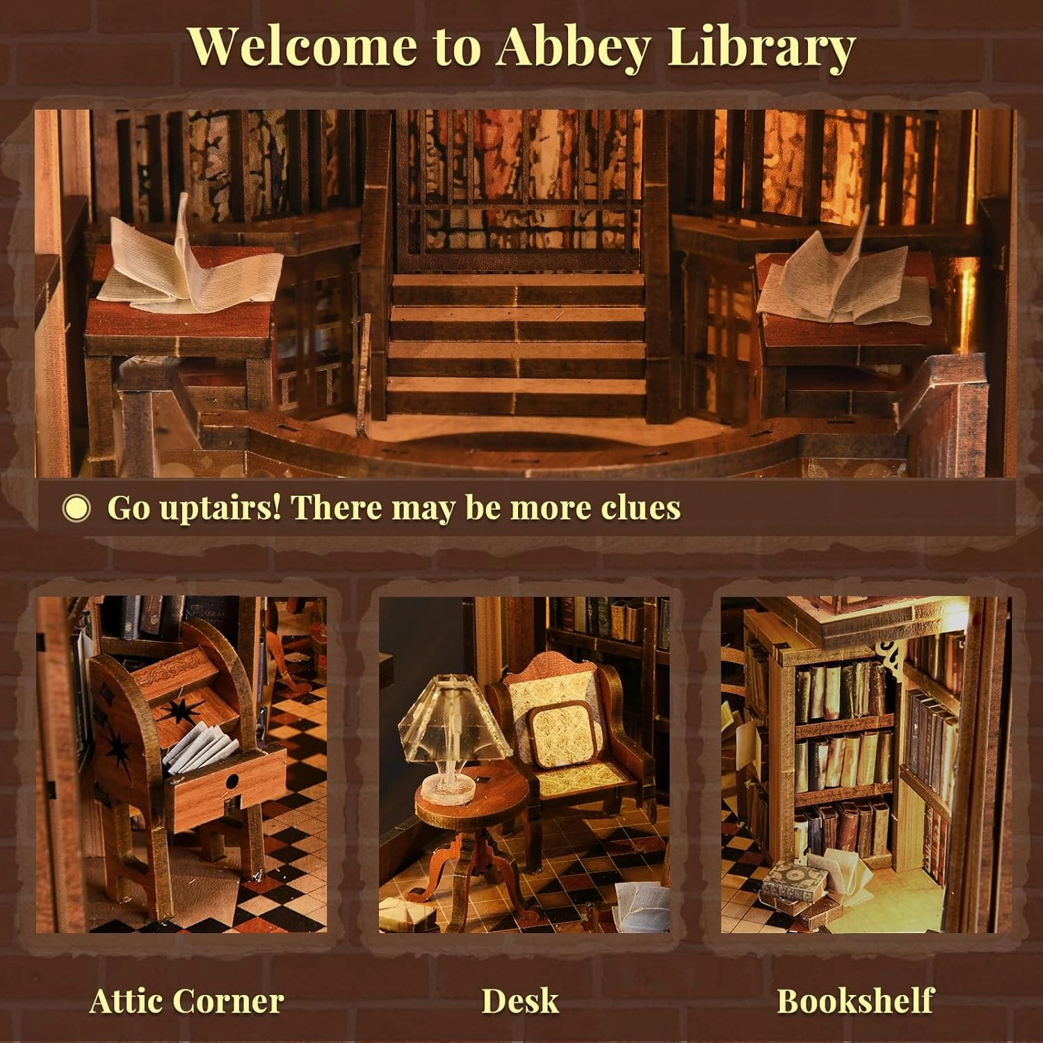 DIY Book Nook Kit for Adults, 3D Wooden Puzzle Bookend Bookshelf Insert Decor with LED Light and Dust Cover (Abbey Library)