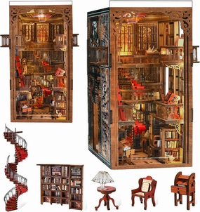 DIY Book Nook Kit for Adults, 3D Wooden Puzzle Bookend Bookshelf Insert Decor with LED Light and Dust Cover (Abbey Library)