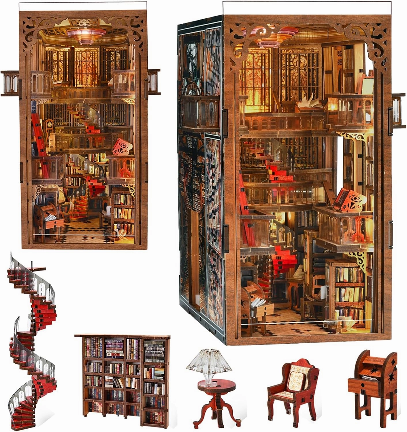 DIY Book Nook Kit for Adults, 3D Wooden Puzzle Bookend Bookshelf Insert Decor with LED Light and Dust Cover (Abbey Library)