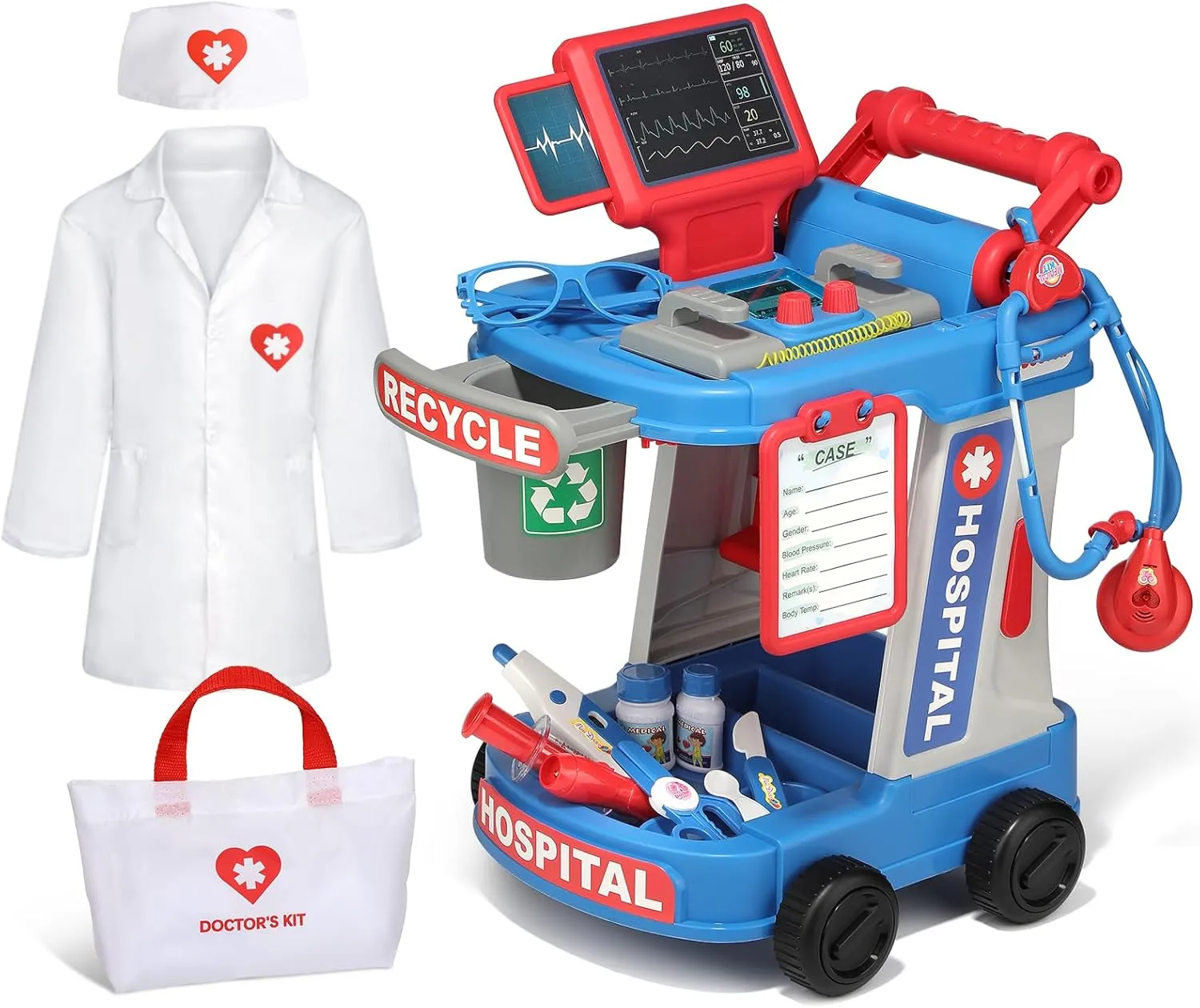 Doctor Kit for Toddlers 3 4 5, Kids Doctor Cart Play Set with Costume, Stethoscope and Medical Bag, Doctor Toy for Girls Boys Christmas Birthday Gift