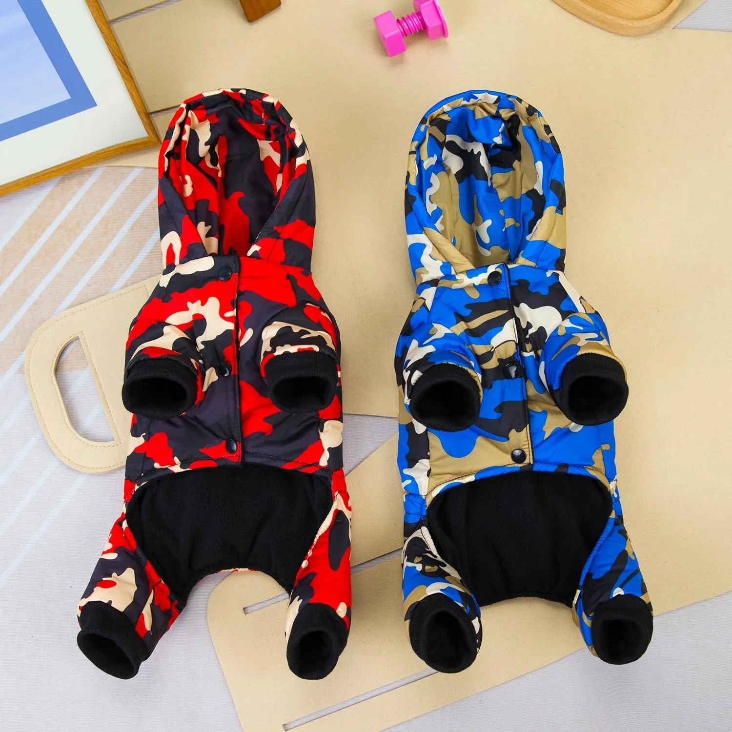 Dog Coat Jumpsuit - Windproof Cold Weather 4 Legs Camouflage Jacket, Warm Winter Thick Clothes, Snow Proof Cotton Pet Apparel for Small Medium Dogs and Cats - Red M