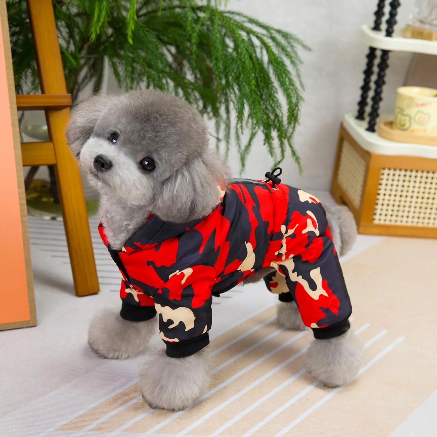 Dog Coat Jumpsuit - Windproof Cold Weather 4 Legs Camouflage Jacket, Warm Winter Thick Clothes, Snow Proof Cotton Pet Apparel for Small Medium Dogs and Cats - Red M