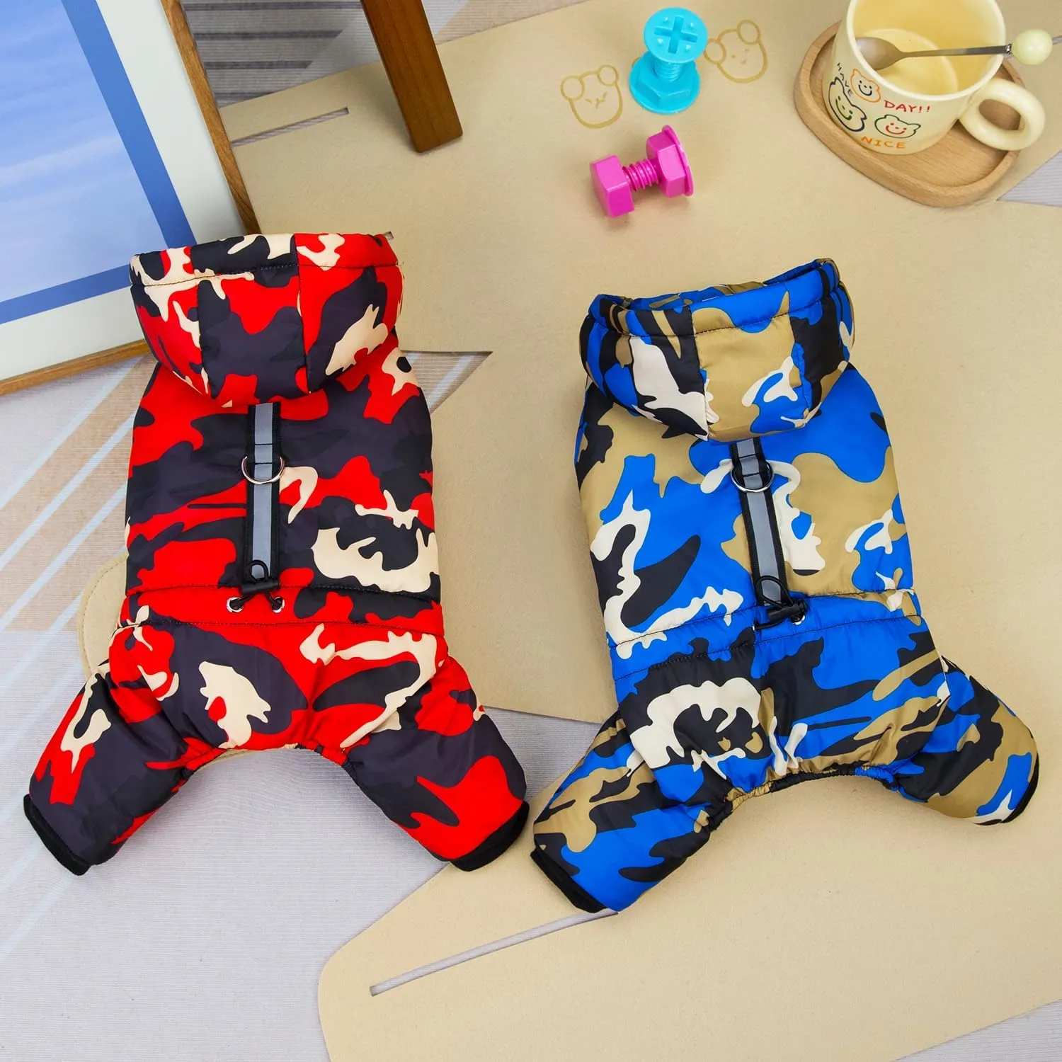 Dog Coat Jumpsuit - Windproof Cold Weather 4 Legs Camouflage Jacket, Warm Winter Thick Clothes, Snow Proof Cotton Pet Apparel for Small Medium Dogs and Cats - Red M