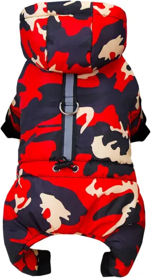 Dog Coat Jumpsuit - Windproof Cold Weather 4 Legs Camouflage Jacket, Warm Winter Thick Clothes, Snow Proof Cotton Pet Apparel for Small Medium Dogs and Cats - Red M