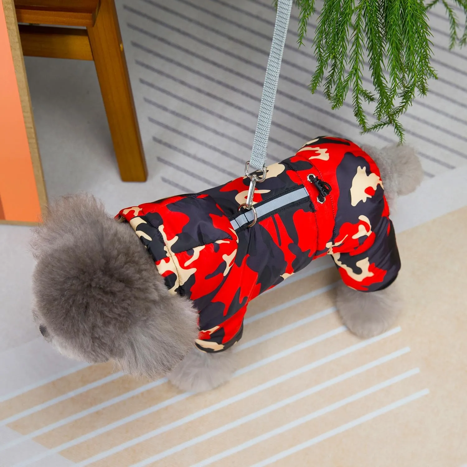 Dog Coat Jumpsuit - Windproof Cold Weather 4 Legs Camouflage Jacket, Warm Winter Thick Clothes, Snow Proof Cotton Pet Apparel for Small Medium Dogs and Cats - Red M