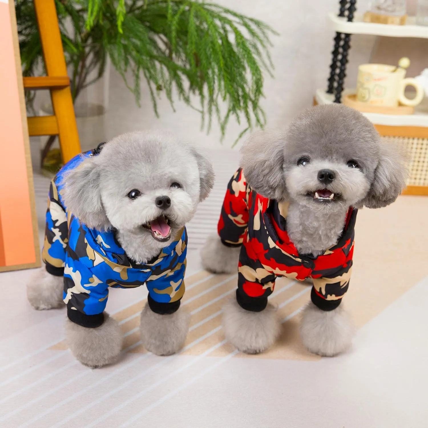 Dog Coat Jumpsuit - Windproof Cold Weather 4 Legs Camouflage Jacket, Warm Winter Thick Clothes, Snow Proof Cotton Pet Apparel for Small Medium Dogs and Cats - Red M