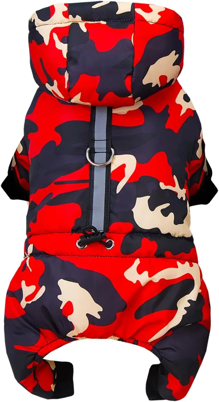 Dog Coat Jumpsuit - Windproof Cold Weather 4 Legs Camouflage Jacket, Warm Winter Thick Clothes, Snow Proof Cotton Pet Apparel for Small Medium Dogs and Cats - Red M