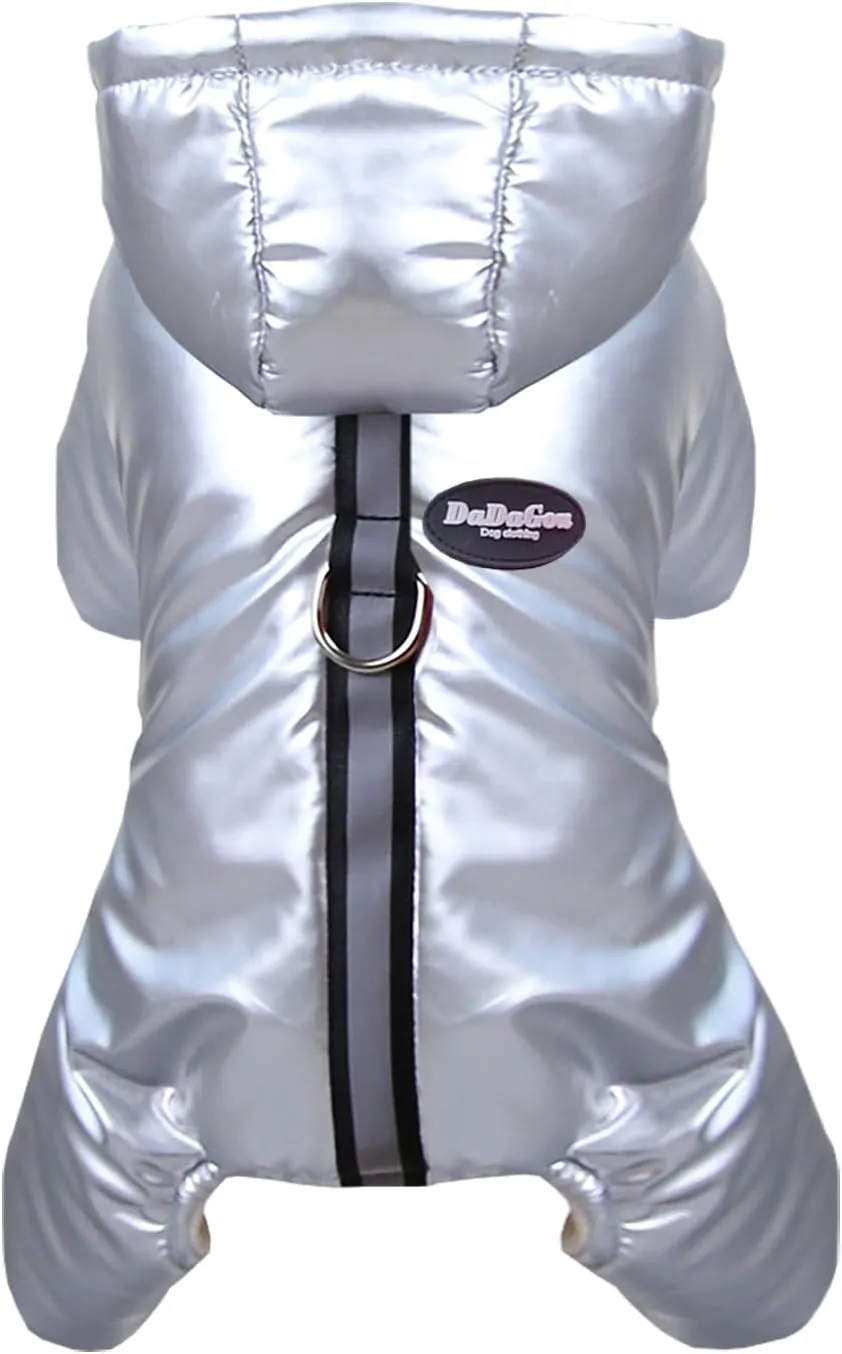 Dog Coat Windproof Jacket Cold Weather Coat 4 Legs Warm Dog Jumpsuit Winter Thick Clothes Snow Proof Coat Cotton Dog Coat for Small Dog Medium Dog Cat Silver M