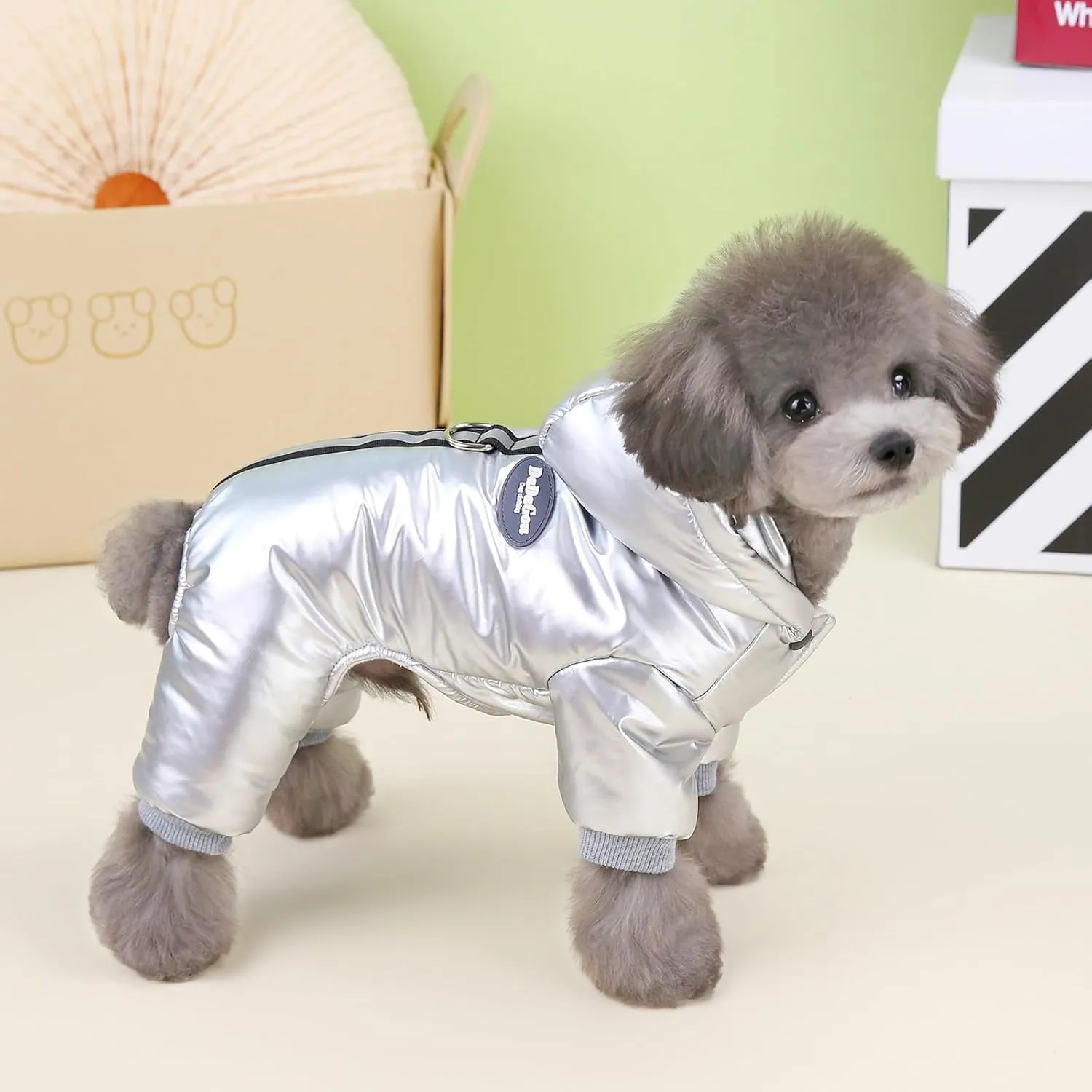 Dog Coat Windproof Jacket Cold Weather Coat 4 Legs Warm Dog Jumpsuit Winter Thick Clothes Snow Proof Coat Cotton Dog Coat for Small Dog Medium Dog Cat Silver M