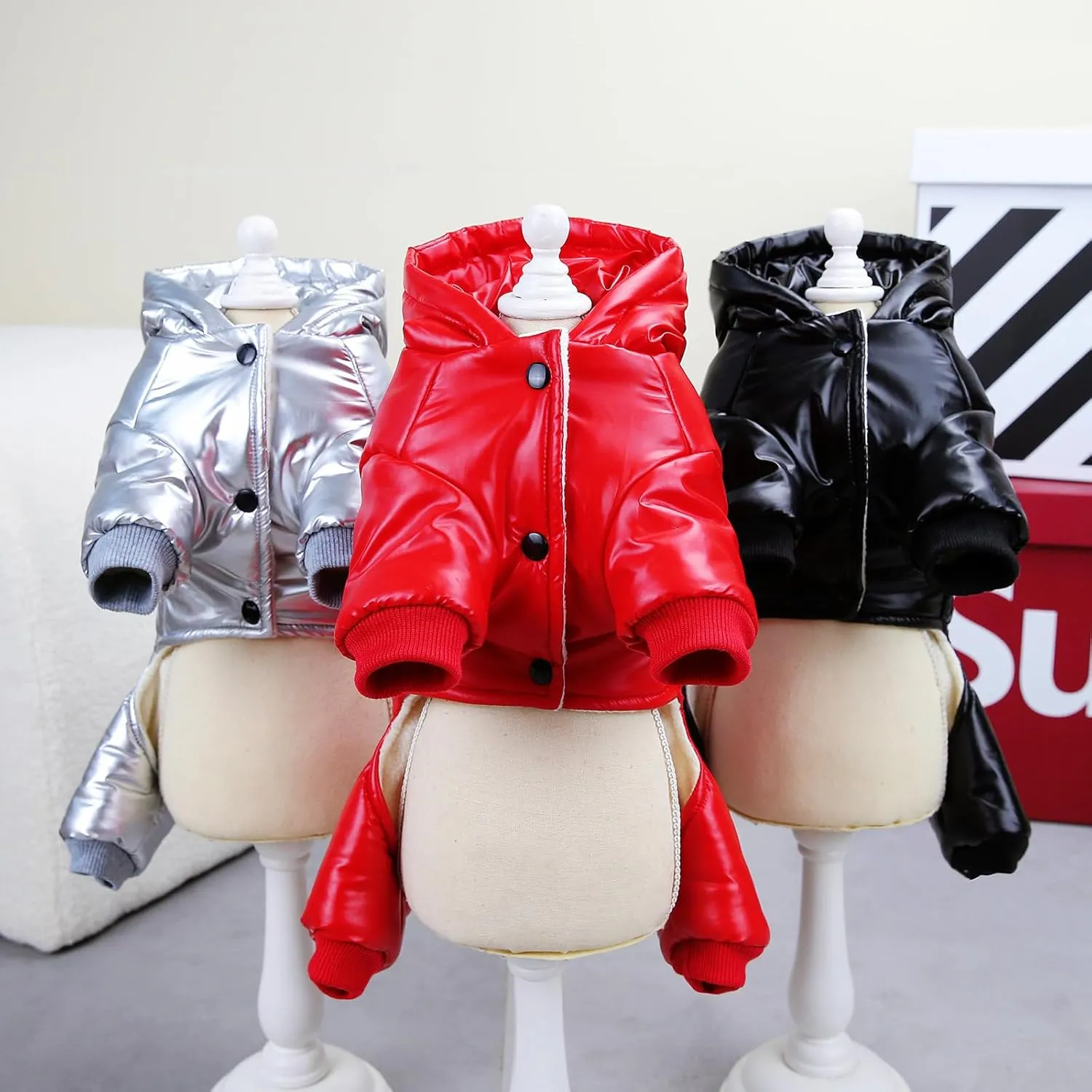 Dog Coat Windproof Jacket Cold Weather Coat 4 Legs Warm Dog Jumpsuit Winter Thick Clothes Snow Proof Coat Cotton Dog Coat for Small Dog Medium Dog Cat Silver M