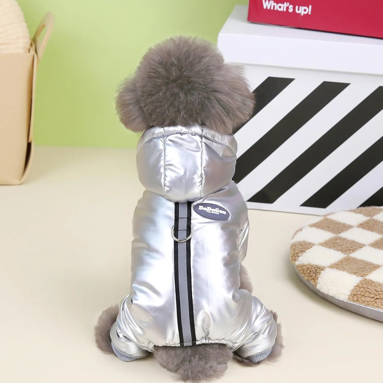 Dog Coat Windproof Jacket Cold Weather Coat 4 Legs Warm Dog Jumpsuit Winter Thick Clothes Snow Proof Coat Cotton Dog Coat for Small Dog Medium Dog Cat Silver M