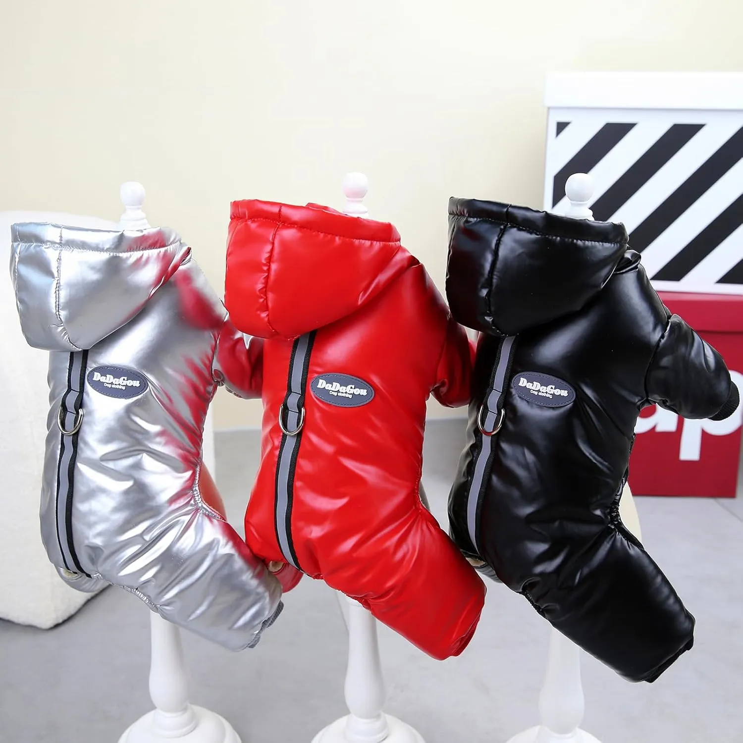 Dog Coat Windproof Jacket Cold Weather Coat 4 Legs Warm Dog Jumpsuit Winter Thick Clothes Snow Proof Coat Cotton Dog Coat for Small Dog Medium Dog Cat Silver M