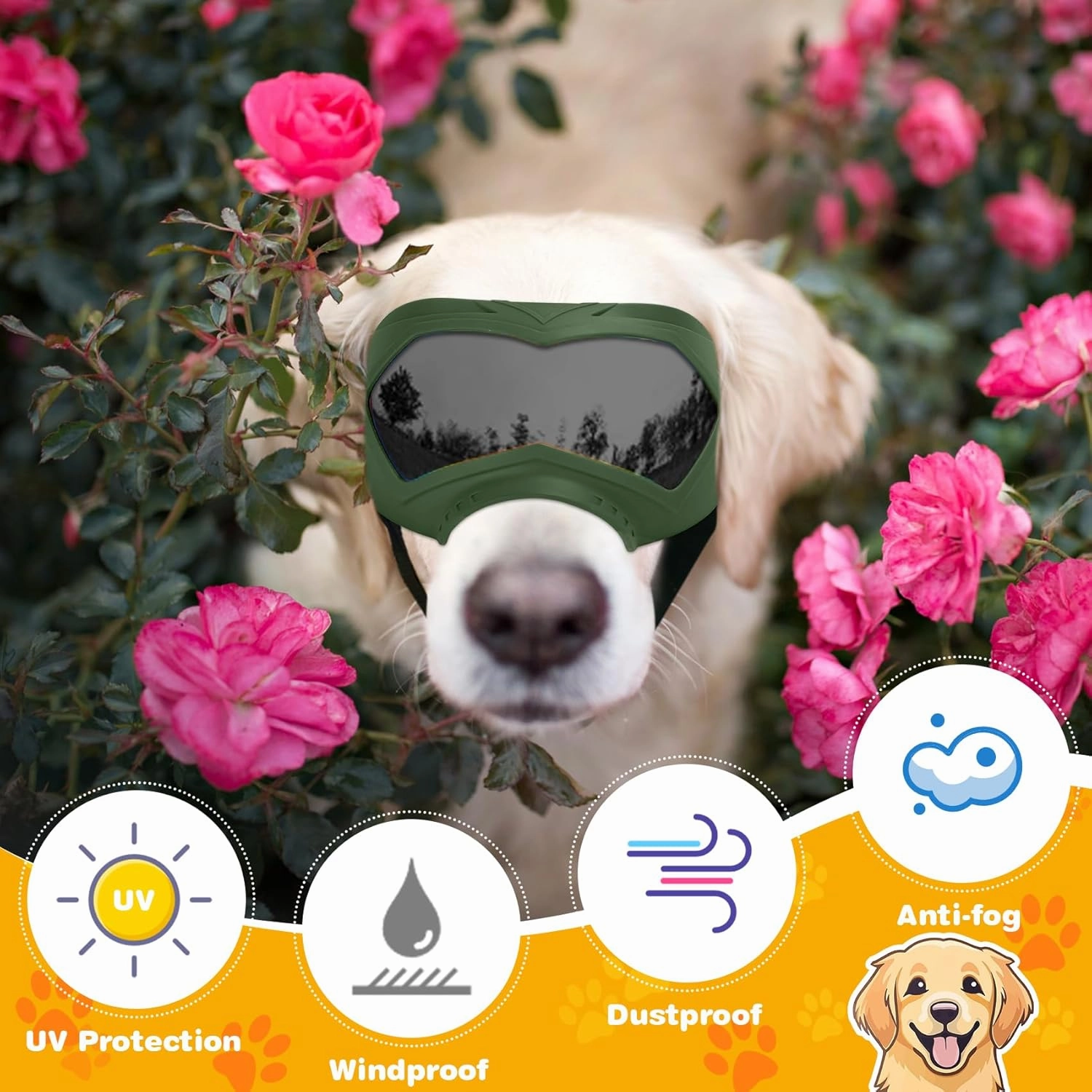 Dog Goggles, UV Protection, Windproof, Dustproof, Anti-Fog Dog Sunglasses for Large & Medium Dogs, Lightweight TPE Frame with Adjustable Strap, Stylish Outdoor Protection (Olive Green)