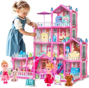 Doll House, 4-Story Dollhouse with Glow in The Dark, Girl Toys Doll House Playset with 2 Dolls, 12 Play Areas, Furniture & Accessories, Princess Gift Toys for Girls Ages 3 4 5 6 7 8 9 , Pink
