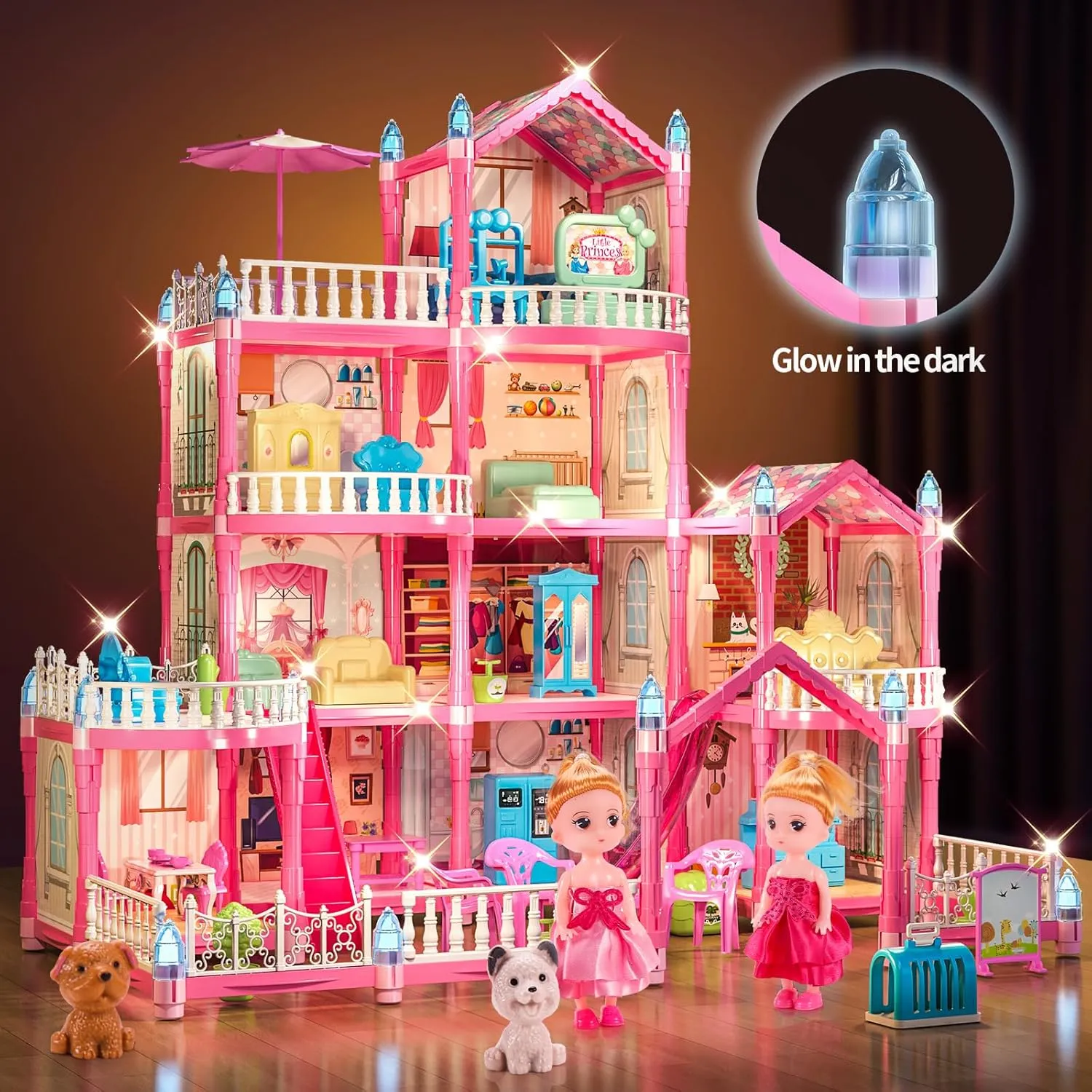 Doll House, 4-Story Dollhouse with Glow in The Dark, Girl Toys Doll House Playset with 2 Dolls, 12 Play Areas, Furniture & Accessories, Princess Gift Toys for Girls Ages 3 4 5 6 7 8 9 , Pink