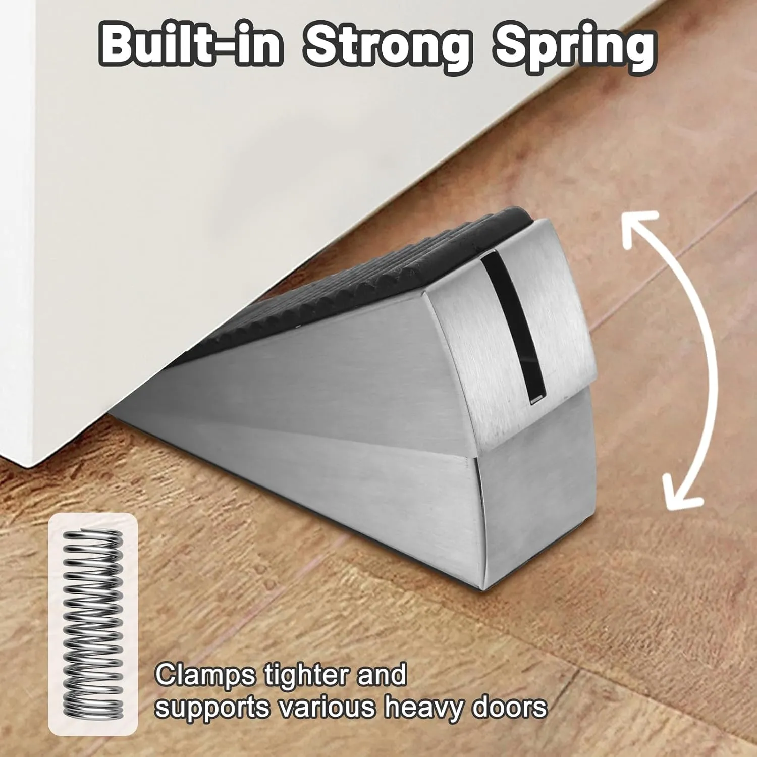 Door Stoppers for Bottom of Door, Adjustable Large Spring Heavy Duty Door Stopper, Tall up to 3" Stainless Steel & Rubber Door Stop Wedge Suits Any Heavy Doors (2, Silver)