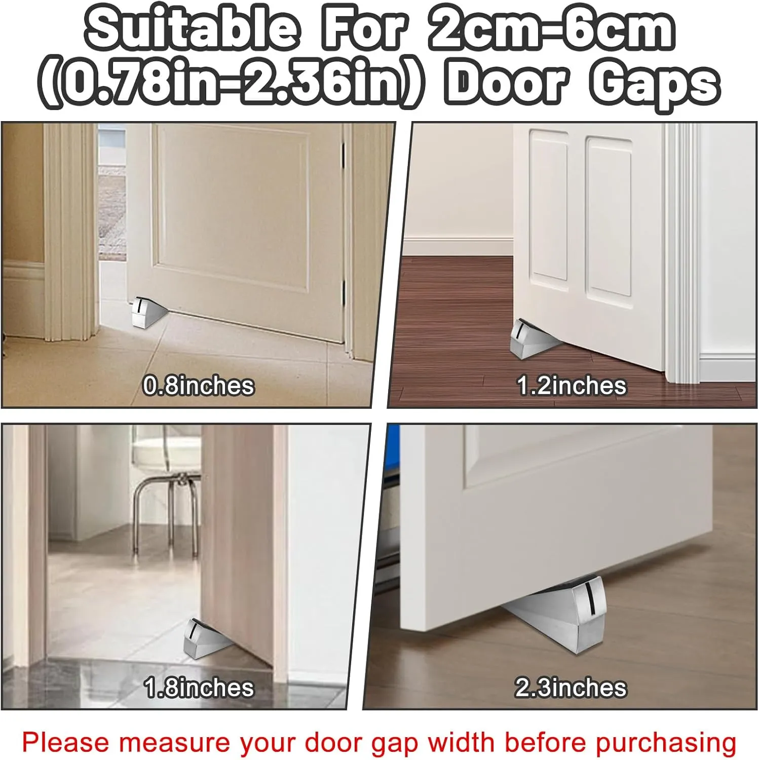 Door Stoppers for Bottom of Door, Adjustable Large Spring Heavy Duty Door Stopper, Tall up to 3" Stainless Steel & Rubber Door Stop Wedge Suits Any Heavy Doors (2, Silver)