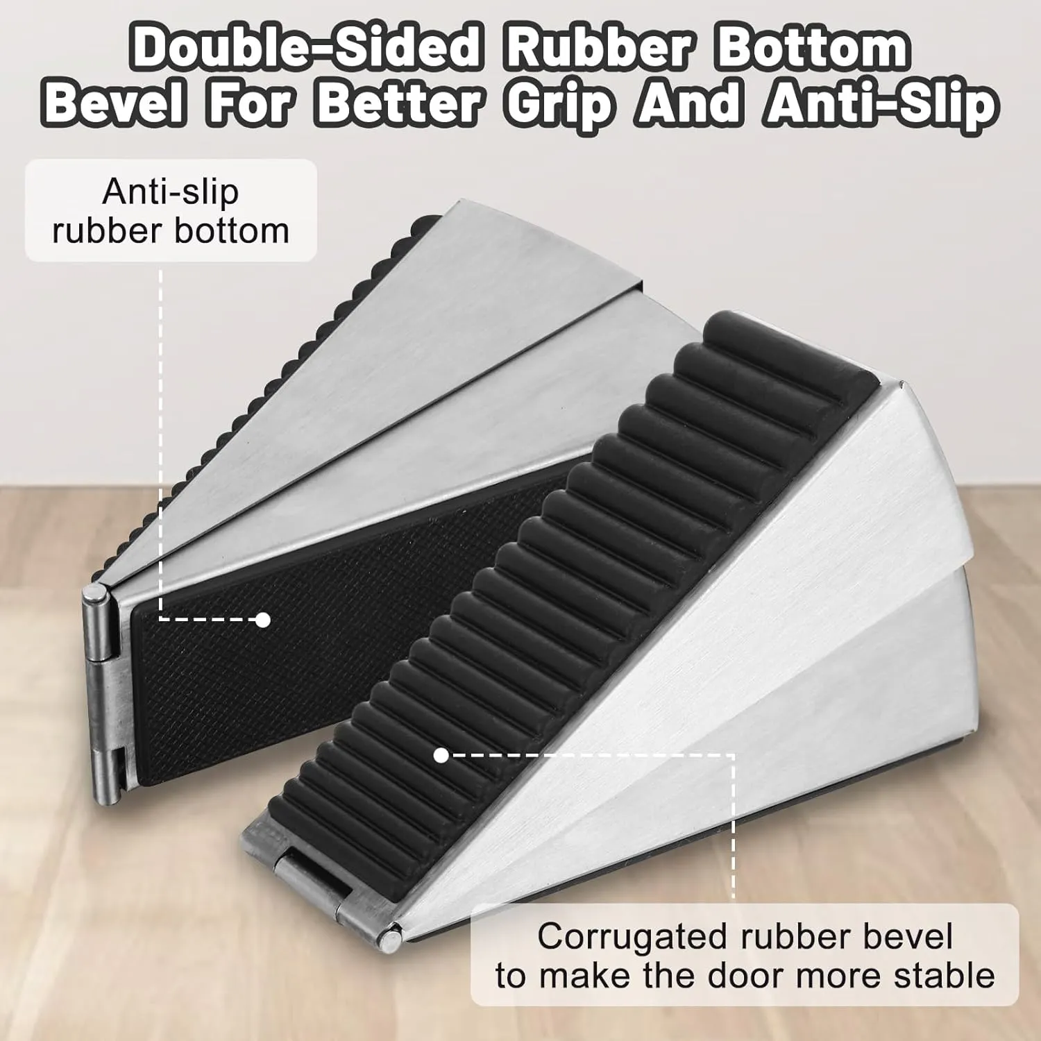 Door Stoppers for Bottom of Door, Adjustable Large Spring Heavy Duty Door Stopper, Tall up to 3" Stainless Steel & Rubber Door Stop Wedge Suits Any Heavy Doors (2, Silver)