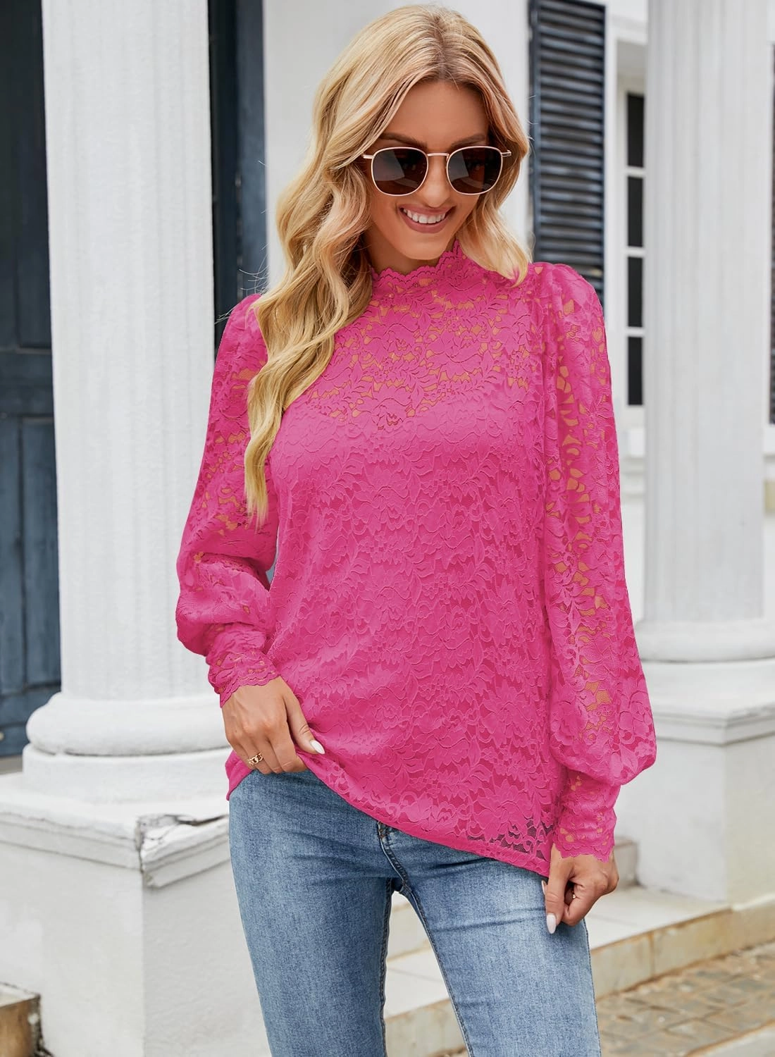 DOROSE Womens Tops and Blouses Dressy Casual Lace Floral Long Sleeve Shirts