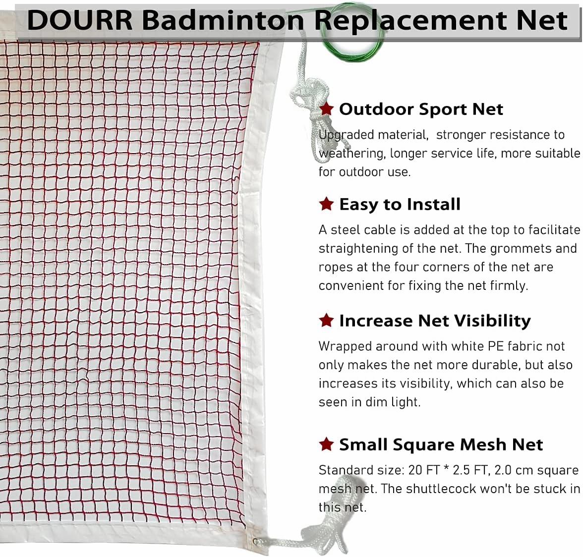 DOURR Badminton Tournament Net with Rope Cable 20 FT x 2.5 FT
