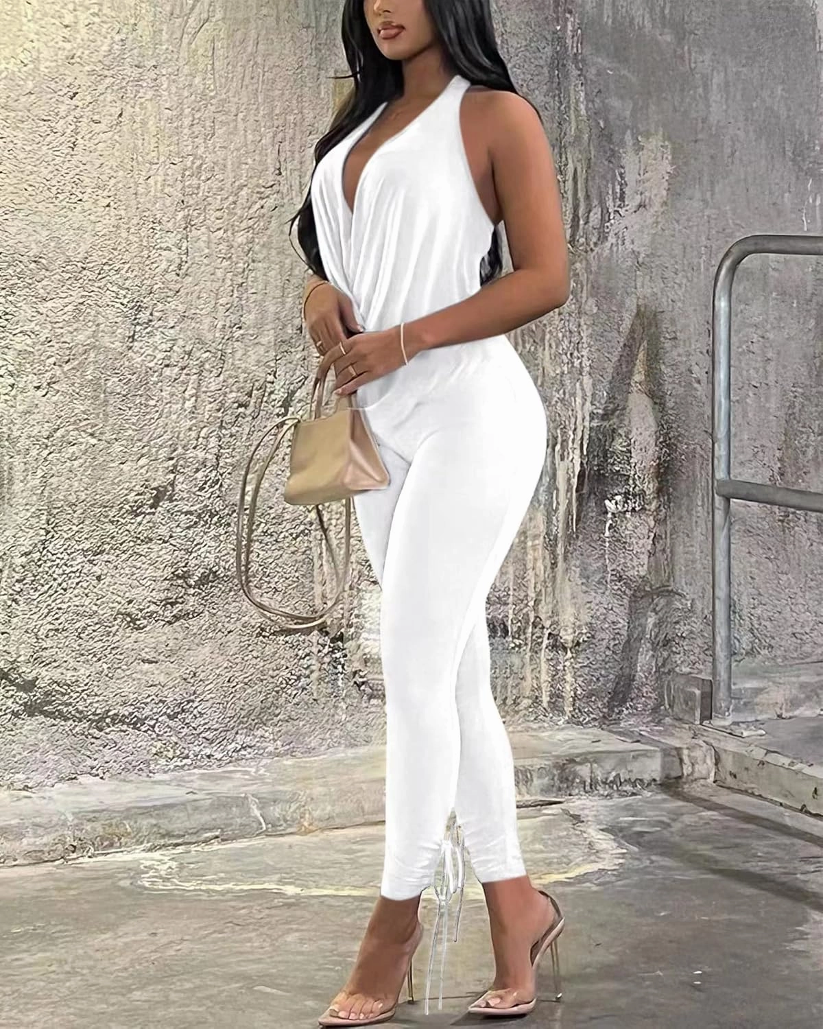 Doweha Women's Sexy Summer Two Piece Outfits Sleeveless Backless Deep V Neck Tank Tops And High Waisted Pants Matching Sets